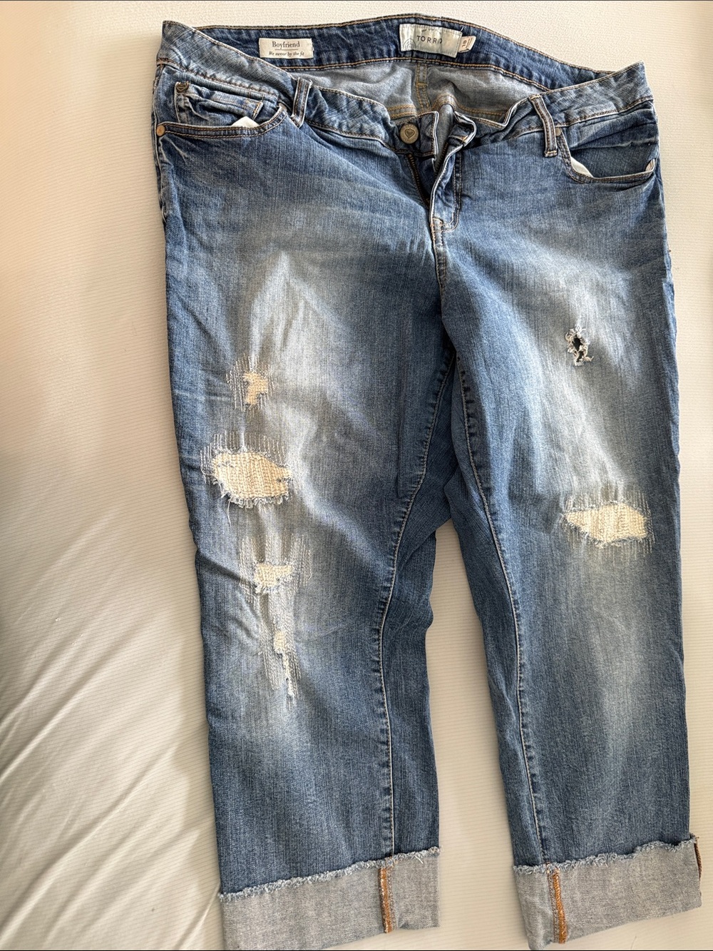 torrid Light Blue Distressed Cropped Jeans with Rolled Cuffs